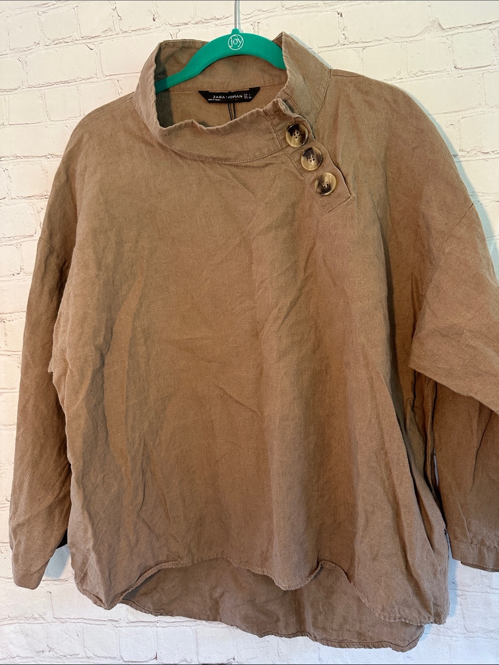 Zara Woman Linen Tan Button Shoulder Top size L